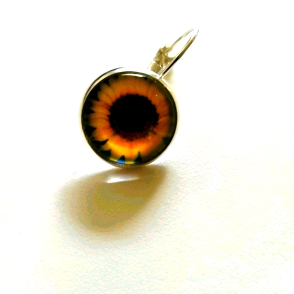 Small Sunflower Glass Earrings Round Orange Yellow & Black - Picture 2 of 4